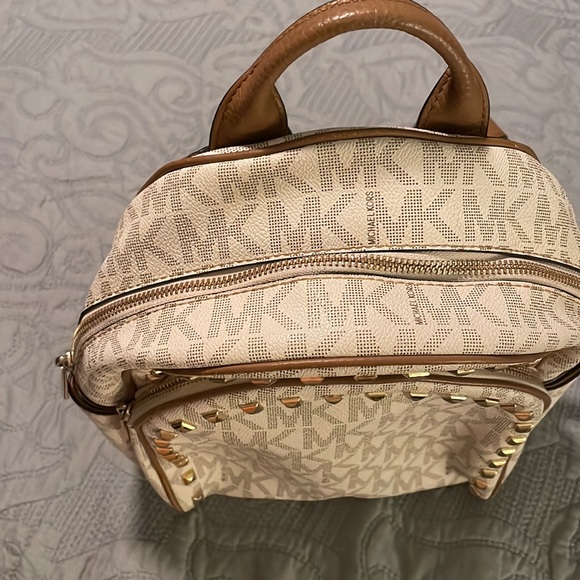 Michael Kors Small Cream, Light Brown Logo Studded Purse Backpack - Picture 6 of 13